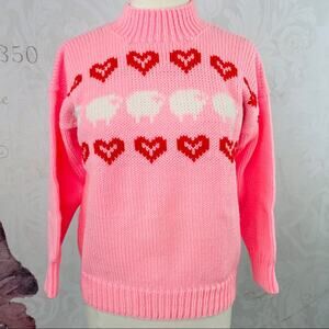 Specially Fashioned By Sandra Edison Pink Vintage Sweater red Hearts White Sheep